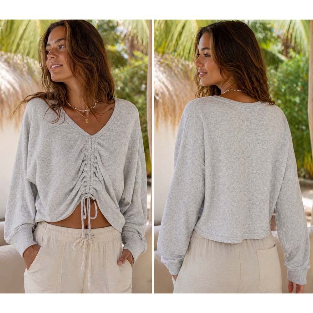 Aerie Reversible Terry Cinch Sweatshirt XL Heather Grey Cropped Adjustable NWT
